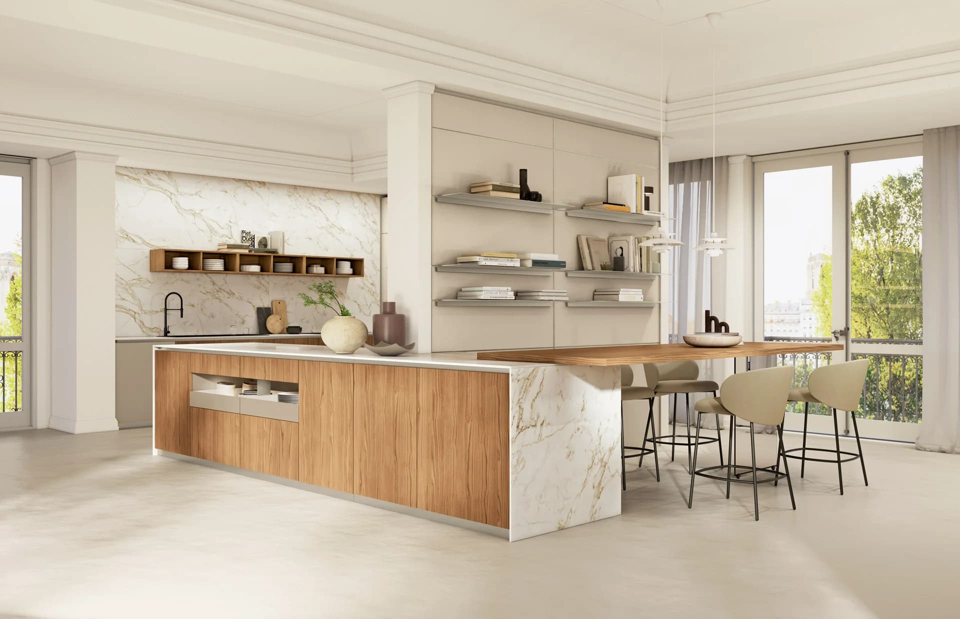 Cucina Brera Cucine LUBE, panoramica con isola in legno e marmo