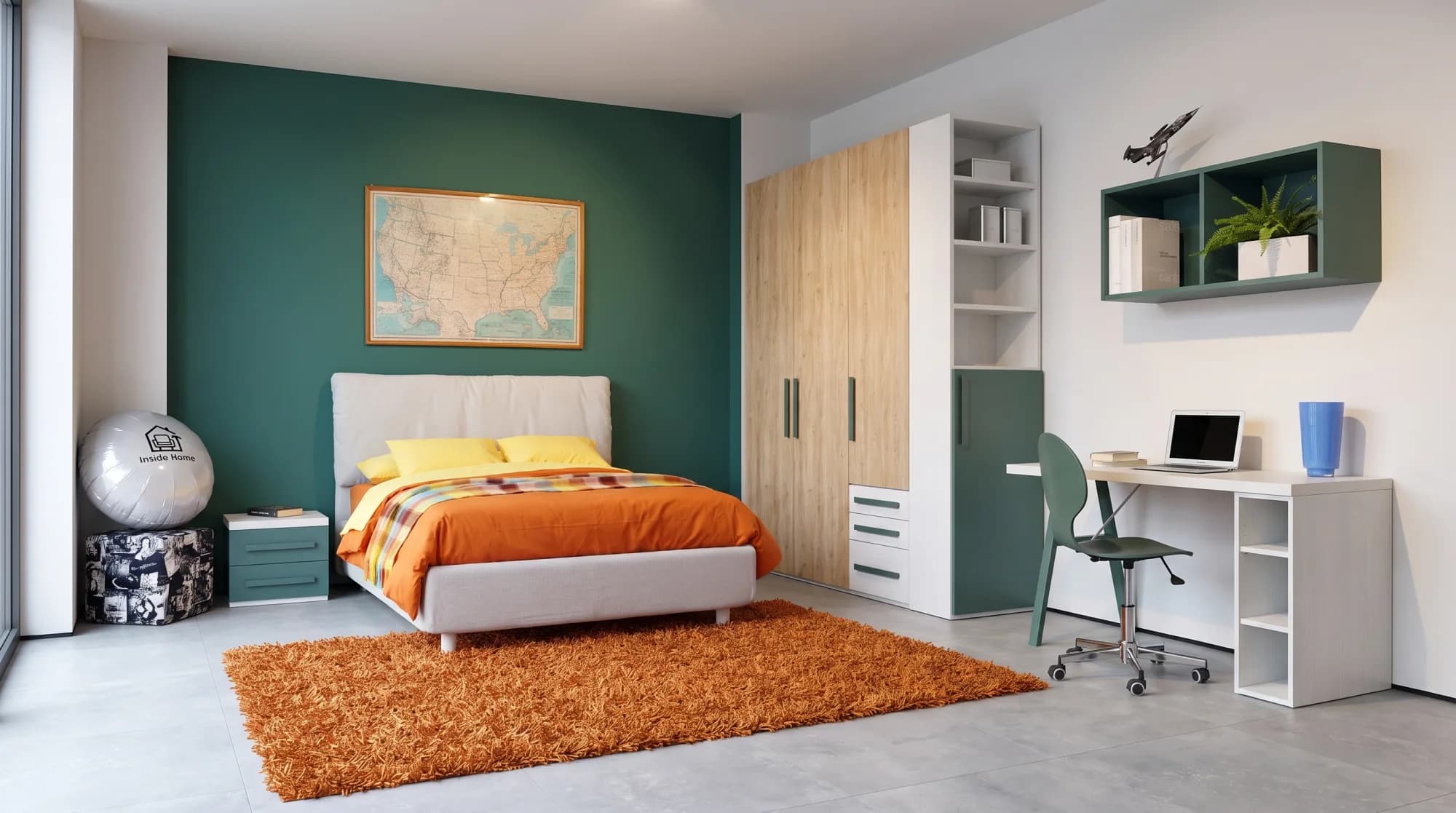 Cameretta completa allestita in showroom, vista d'insieme